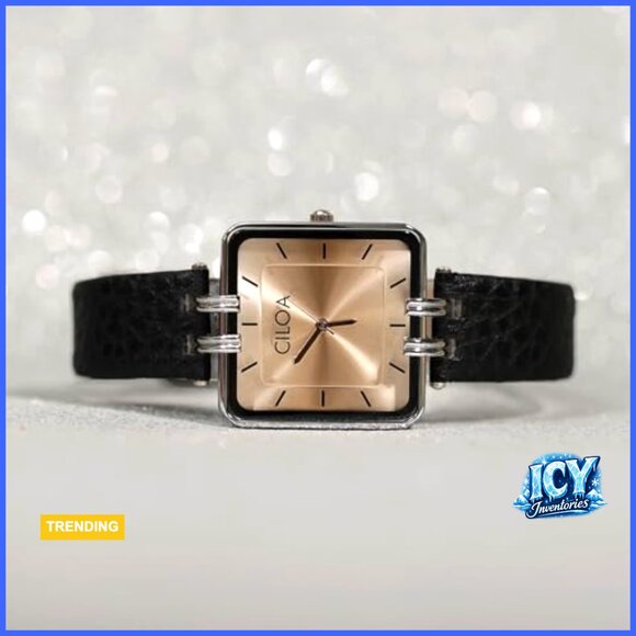 Gold-Tone Stainless Steel Case Black Leather Strap Square Watch main image 4